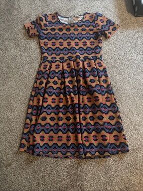 LuLaRoe Amelia Midi Dress in Tan, Navy & Coral